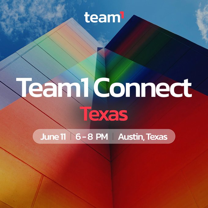 The image features a large building with a colorful facade that stands out against the sky. The text "Team 1 Connect" is displayed prominently above the building, indicating its purpose or theme. Below the building, there are details about an upcoming event happening in Austin, Texas on June 11th at 6 PM. This event appears to be focused on connecting people and fostering collaboration within the tech community.
