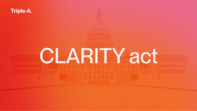 A red and orange gradient graphic displays the U.S. Capitol building silhouette with the text 'CLARITY act' prominently in the center and 'Triple-A.' in the top left corner.