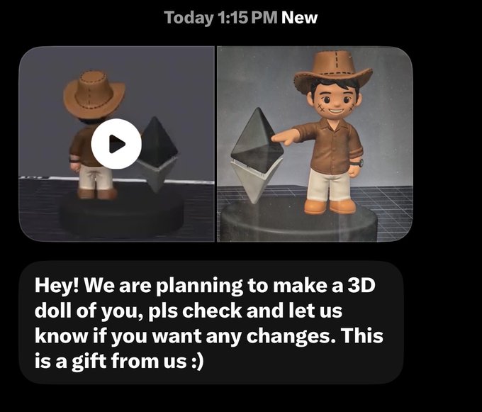 A screenshot of a "Today 1:15 PM New" message shows a 3D figurine preview of a smiling character in a brown hat and jacket next to a geometric trophy, with the text: "Hey! We are planning to make a 3D doll of you, pls check and let us know if you want any changes. This is a gift from us :)" This relates to the post by tagging @MerchOnchain, the company creating a custom 3D-printed doll of the user.