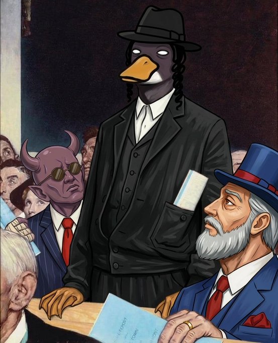 A cartoonish edit of a classical painting depicts anthropomorphic characters, including a duck in a suit and hat, and a devil in sunglasses, replacing the original human figures.