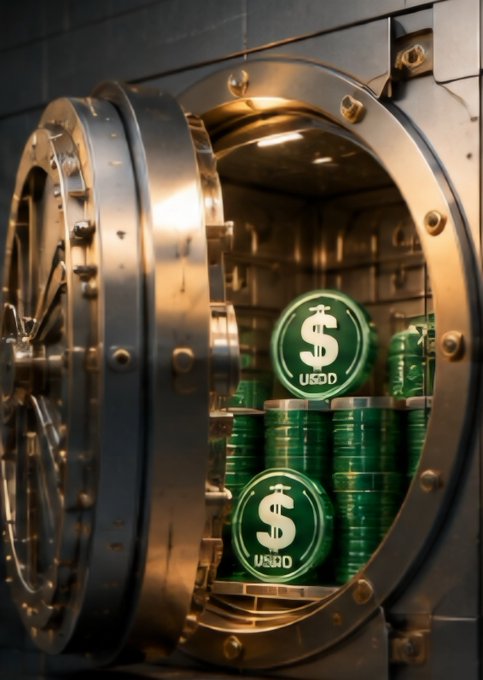 A 3D rendering of an open bank vault revealing stacks of green coins with dollar sign symbols and 'USDD' text.