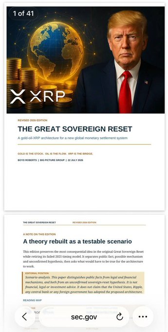 Screenshot from sec.gov showing two document pages titled 'THE GREAT SOVEREIGN RESET' with XRP branding, featuring an image of Donald Trump next to a golden globe and gold coins, dated 22 July 2026.