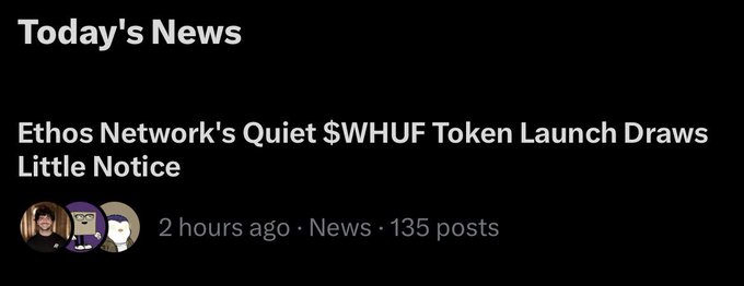 A news headline from "Today's News" reads "Ethos Network's Quiet $WHUF Token Launch Draws Little Notice," posted 2 hours ago with 135 posts. The irony of the headline—about the $WHUF token launch going largely unnoticed—matches the post's observation that the TGE only got attention precisely because no one noticed it.