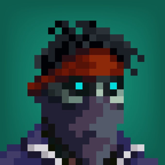 Pixel art portrait of a character with dark hair, a red headband, and glowing cyan eyes against a teal background.