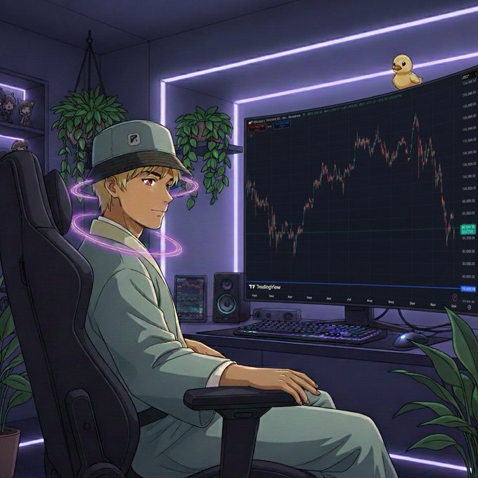 An anime-style illustration depicts a blonde young man in a green bucket hat and suit sitting at a desk, gazing at a large monitor displaying a TradingView stock chart with candlestick patterns, surrounded by neon lights, hanging plants, and a small yellow plush toy on top of the screen.
