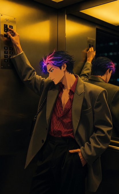 An anime-style illustration of a young man with pink and blue hair in a suit, pressing elevator buttons in a dimly lit hallway with a mirror reflection.