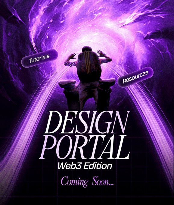 Dramatic purple-toned promotional poster for 'Design Portal Web3 Edition - Coming Soon...', showing a figure before a glowing portal with 'Tutorials' and 'Resources' tags.