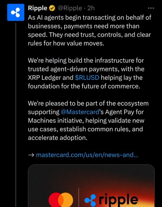 The image is of a black screen displaying a Twitter post related to Ripple. The content indicates that Ripple is launching a new product, Mastercard's Agent Payment for Bitcoin transactions. The post includes text from both the Ripple team and a Bitcoin transaction company discussing the partnership and offering details about how to use the new payment method or link to their respective sites if you would like more information on this topic.