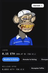A Bored Ape Yacht Club NFT listing showing an ape wearing a white cap and blue shirt, with a list price of 0.15 ETH and best offer of 0.0253 WETH.