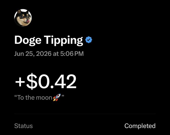 A screenshot of a "Doge Tipping" transaction showing a completed $0.42 tip with the message "To the moon 🚀" dated June 25, 2026, likely demonstrating XMoney's early crypto tipping feature referenced in the post.