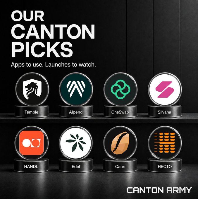 The image displays "OUR CANTON PICKS" by Canton Army, featuring eight curated apps displayed on trophy-like pedestals: Temple, Alpend, OneSwap, Silvana, HANDL, Edel, Cauri, and HECTO. The tagline reads "Apps to use. Launches to watch," connecting to the post by promoting standout projects within the Canton ecosystem ecosystem at cantonecosystem.com.