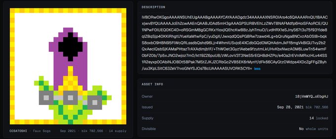 CryptoSlam page displaying a pixel art NFT titled 'Faux Sops' from Sept 2021, with a long hex description and asset info including owner, issuance date, and supply of 14.
