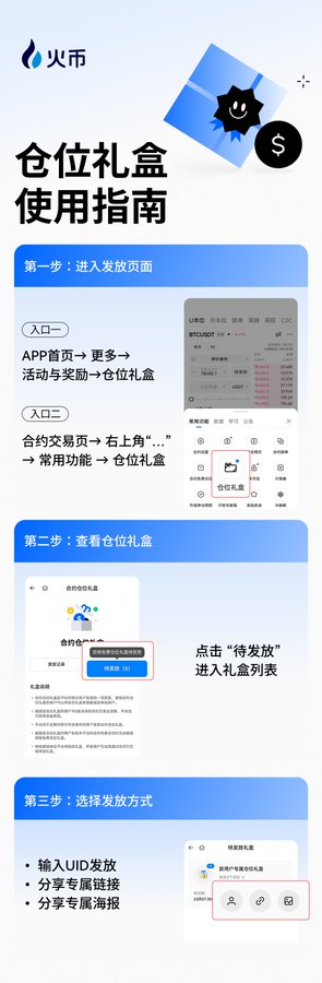 An infographic titled "仓位礼盒使用指南" (Position Gift Box Usage Guide) from 火币 (Huobi) showing a three-step tutorial for distributing digital asset gift boxes, including instructions to navigate via APP首页→更多→活动与奖励→仓位礼盒 and options like 输入UID发放 (input UID distribution) and 分享专属链接 (share exclusive links).