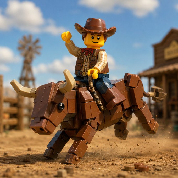 3D-rendered scene of a LEGO cowboy figure wearing a brown hat and red bandana, riding a brown brick-built bull in a dusty western setting with a windmill in the background.