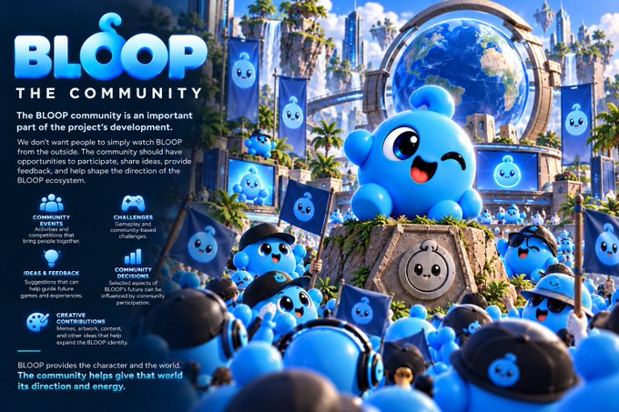 A promotional graphic for 'BLOOP: THE COMMUNITY' describing how the community helps shape the project's development through events, challenges, ideas, decisions, and creative contributions.