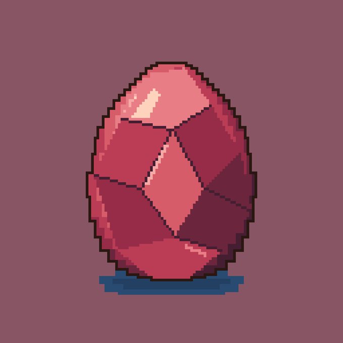A pixel art image of a pink/red gemstone resting on a small purple base, set against a muted plum background, illustrating the "Mint tomorrow / Drop EVM wallet" post about an upcoming NFT or token mint.