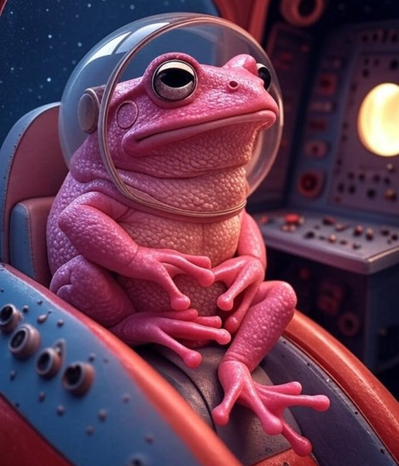 A pink, textured frog-like creature wearing a clear astronaut helmet, sitting inside a spacecraft cockpit with a control panel visible.