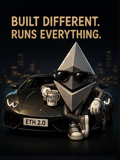 A promotional image featuring a 3D-rendered Ethereum logo character wearing sunglasses, leaning on a Lamborghini with the license plate 'ETH 2.0' and a mug labeled 'DEFI FUEL', under the text 'BUILT DIFFERENT. RUNS EVERYTHING.'