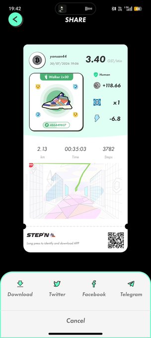 STEPN app share screen for a 'Walker Lv.20' sneaker showing 2.13 km in 35:03, with download options for Twitter, Facebook, and Telegram.
