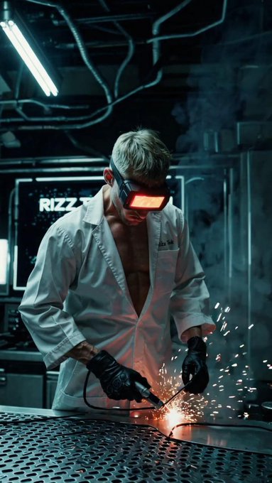 A man in an open white lab coat and glowing red VR-style goggles welds metal on a perforated table, sending sparks flying in a dim industrial workshop with a neon 'RIZZ' sign in the background.