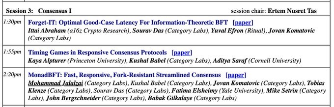 A conference schedule for "Session 3: Consensus I" chaired by Ertem Nusret Tas, listing papers on Good-Case Latency for BFT, Timing Games in Consensus Protocols, and MonadBFT.