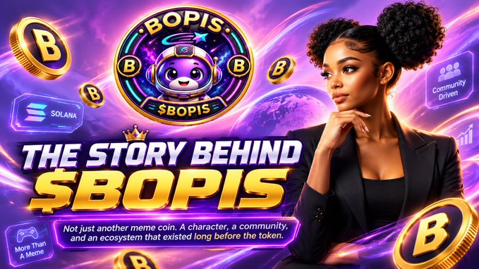 A promotional graphic titled 'THE STORY BEHIND $BOPIS' features a cartoon dog mascot wearing a space helmet, a woman in a black blazer, and text highlighting its Solana blockchain roots and community-driven nature.