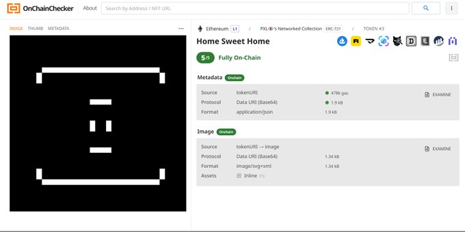 A screenshot of the OnChainChecker website displaying the metadata for an NFT titled 'Home Sweet Home' from the 'PXL®'s Networked Collection', noting it is 'Fully On-Chain' with both on-chain image and metadata.
