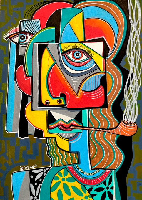 A vibrant cubist-style abstract portrait painting featuring a fragmented face with prominent eyes, bold geometric shapes, and a colorful palette of red, teal, yellow, and orange, signed 'Dylan' '22.