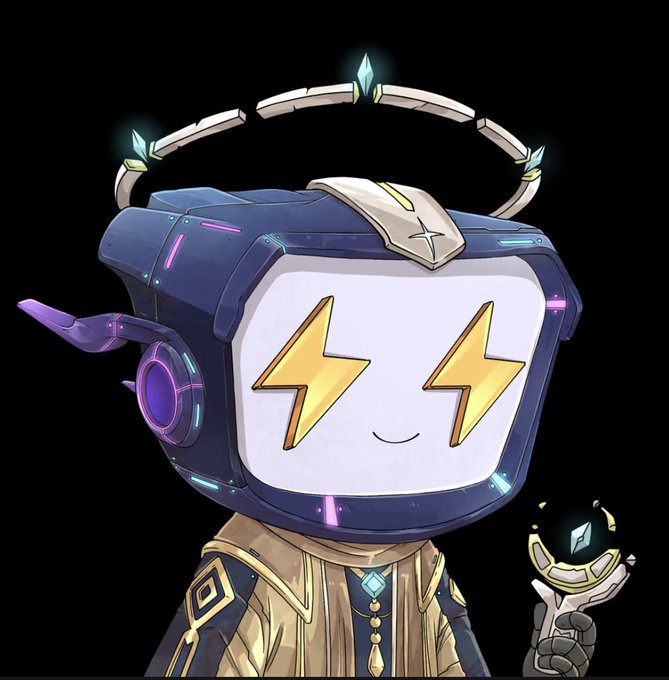 A chibi-style robot character with a TV-shaped head, lightning bolt eyes, and a floating halo wears beige futuristic robes while holding a glowing orb. The image aligns with the post, showcasing the "Epic Seer" PFP from the Neocity era, highlighting the character's signature body type and electric eye design.