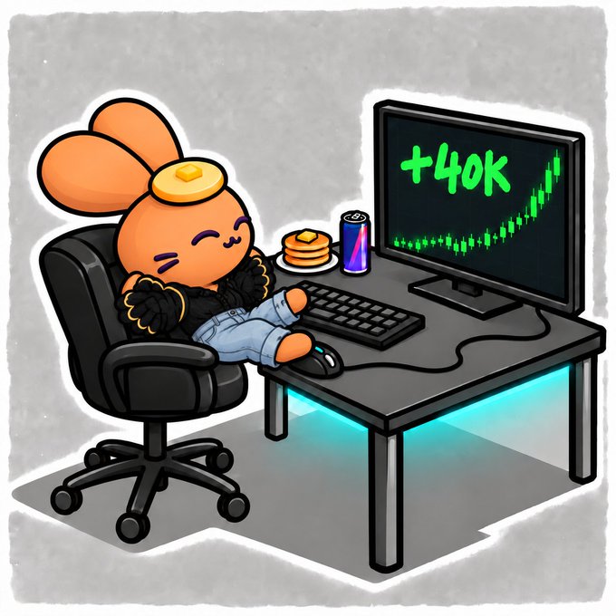 A cartoon orange bunny relaxes with its feet up at a desk, smiling contentedly while staring at a green candlestick chart on a monitor displaying "+40K"—perfectly capturing the "diamond hands, diamond feet" vibe of a successful hold paying off.