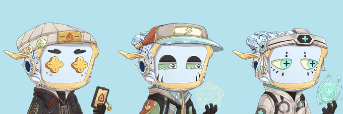 Three cartoonish robotic character variations with white masks, displayed against a light blue background, each featuring different colored hats and head details.