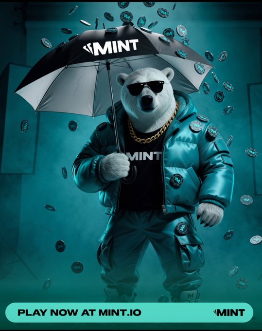 A promotional image features a polar bear mascot wearing sunglasses, a gold chain, and a teal puffer jacket while holding a black and white umbrella, advertising the game MINT with the text 'PLAY NOW AT MINT.IO'.
