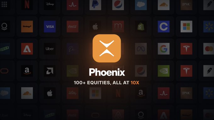 A promotional graphic for 'Phoenix' showing '100+ EQUITIES, ALL AT 10X' over a background of various brand logos.
