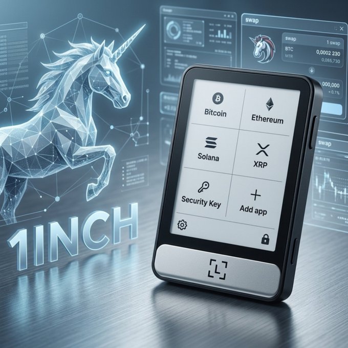 A 1INCH cryptocurrency hardware wallet device displayed alongside a digital unicorn logo and blockchain swap interface showing Bitcoin, Ethereum, Solana, and XRP.