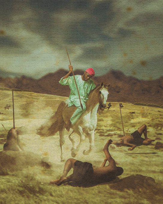 A painting depicting a rider in a green tunic and red turban on a pale horse, holding a spear, with bodies lying on the sandy ground around them.