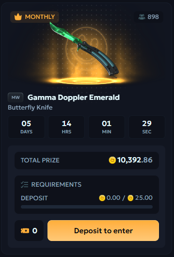 A mobile app interface displays a 'Gamma Doppler Emerald Butterfly Knife' prize with a countdown of 5 days, 14 hours, 01 minute, 29 seconds, showing a total prize value of 10,392.86 coins.