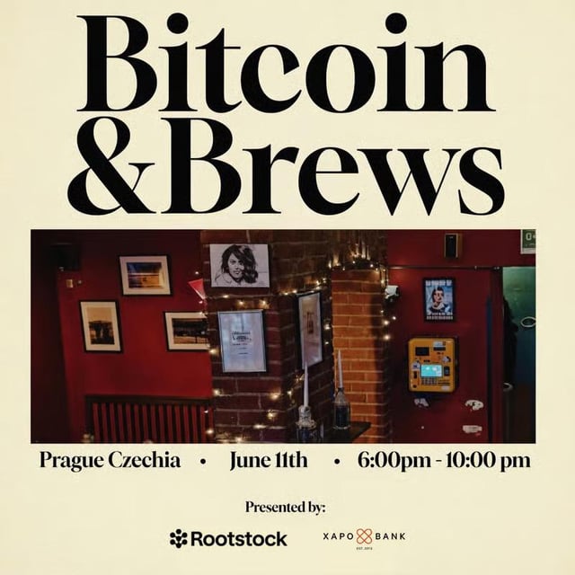 The image features a poster for an event called Bitcoin & Brews held at a bar named "Roots". The poster includes a photo of the bar's interior with a brick wall and a fireplace, as well as some photos of people enjoying their time in the bar. The text on the poster reads "Bitcoin & Brews" and "June 7th - 6:00pm", indicating that this event is taking place at the bar from June 7 to 6:00 PM.
