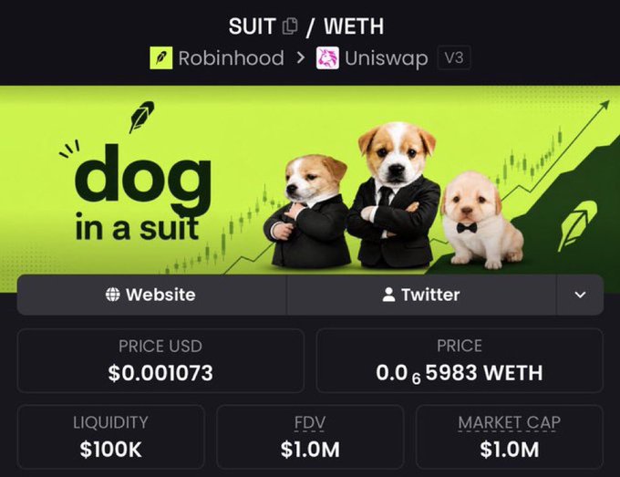 The user wants a concise caption for the provided image.
I need to identify key elements:
- **Title/Context:** "SUIT / WETH" at the top. This suggests a trading pair or token name.
- **Path:** Robinhood > Uniswap V3. This indicates the source or context of the token data (likely a meme coin or token being traded on Uniswap).
- **Main Visual:** A green banner with the text "dog in a suit" and three dogs. One is a puppy in a suit, one is a dog in a suit, and one is a puppy in a bowtie.
- **Data Points:**
    - Price USD: $0.001073
    - Price WETH: 0.0 65983 WETH (This looks like a weird formatting, likely 0.065983 WETH)
    - Liquidity: $100K
