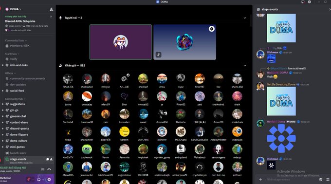 A Discord server interface showing the DOMA community hub, featuring member lists, a stage event with custom emojis, and various community channels including announcements and social-feed.