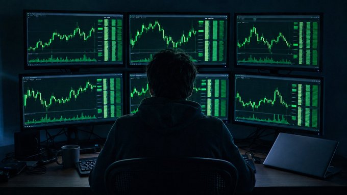 A trader sits in a dark room facing six monitors displaying green candlestick charts and volume bars across financial markets, perfectly capturing the early morning "gm" greeting shared by fellow chart enthusiasts. The glow of the green price action illuminates the scene, embodying the trader lifestyle celebrated in the post.