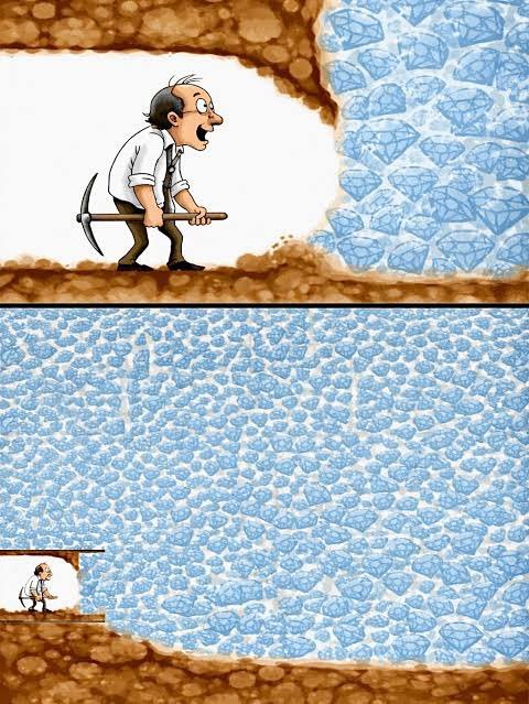 A cartoon man with a pickaxe digs in a small dirt tunnel, only to realize he's just one of countless identical figures buried in an ocean of surrounding diamonds—illustrating the feeling of being an anonymous $NPC holder among countless others.