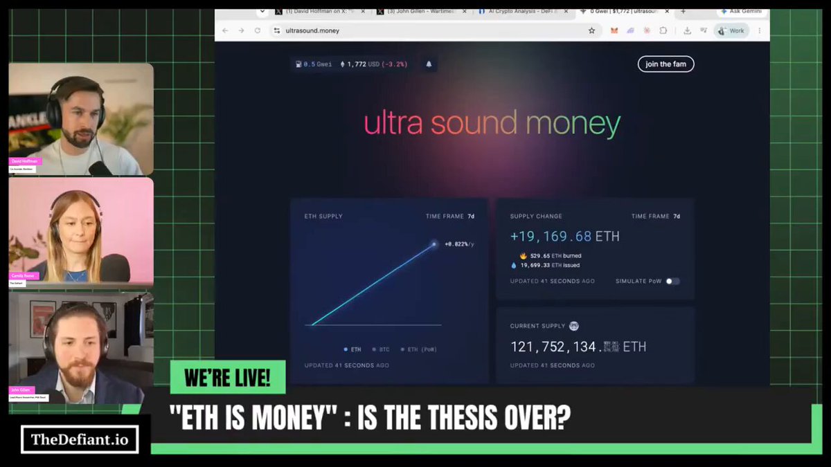 The image shows a group video call with three people sitting next to each other, appearing as faces. The TV screen displays a news article about cryptocurrency and its potential negative effects on the financial world. One person in the group is wearing earbuds, possibly indicating that they are listening to music or participating in an online event. The text on the post emphasizes a statement made by the creator of the video call, stating that Wall Street's opinion of Ether seems to be bad news for its price.