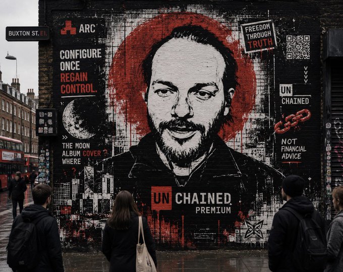 A graffiti-style mural on a city wall depicts a bearded man's portrait with surrounding text including 'ARC', 'CONFIGURE ONCE REGAIN CONTROL', 'FREEDOM THROUGH TRUTH', 'UN CHAINED', and 'UN CHAINED PREMIUM', while pedestrians observe it on the street below.