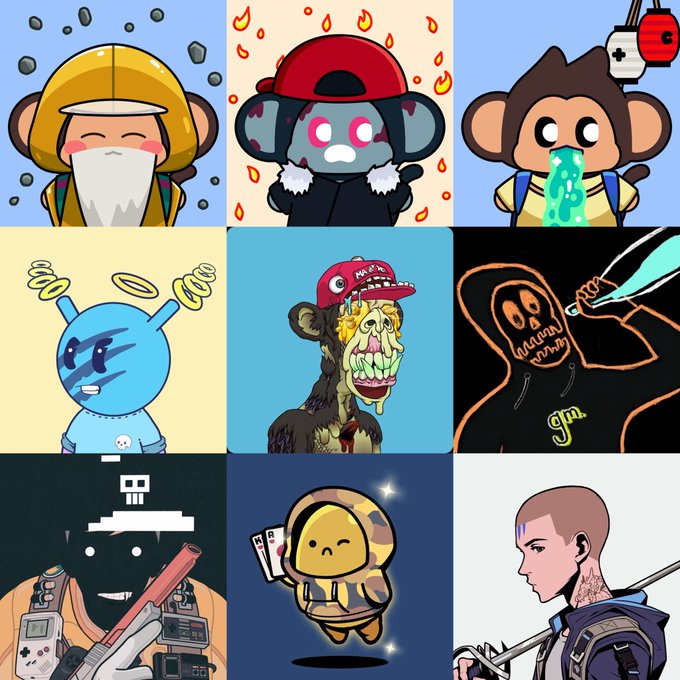 The image displays a 3x3 grid of nine NFT-style character avatars, including a miner with falling rocks, a vampire-monkey in flames, a monkey vomiting green liquid, a blue alien with antennae, a grotesque red-cap monkey, a grim reaper figure, a hooded figure with cameras, a smiling yellow blob holding cards, and a tattooed warrior with a sword. The varied collection of whimsical and edgy digital art pieces directly relates to the "GM to all my collectors!" post by showcasing the diverse range of NFT artwork the collector owns.