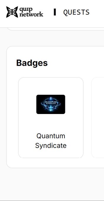 The image displays a screenshot of the Quip network's website, specifically showing the "Quip friends @quipnetwork" page with badges and details about Operation-Visual Genesis. The main focus is an announcement that my mascot, Quantum Syndrome, has been named as one of the winners in this competition. The post also mentions receiving a rare Entangled Artist role from Discord as a reward for being among the judges' favorites.
