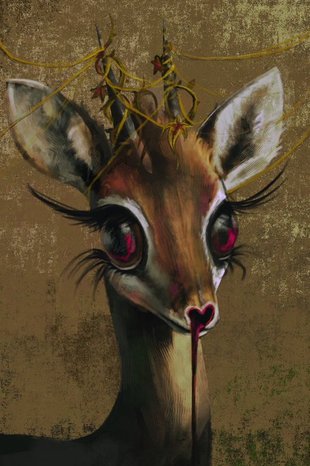 A stylized digital illustration of a deer-like animal with large pink eyes, wearing a crown of twigs and vines, with a heart-shaped nose and red fluid dripping from it.