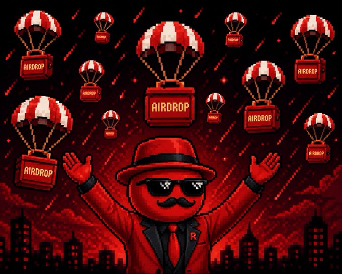 A stylized red illustration featuring a character wearing a fedora and sunglasses surrounded by floating 'AIRDROP' parachutes against a red city skyline.