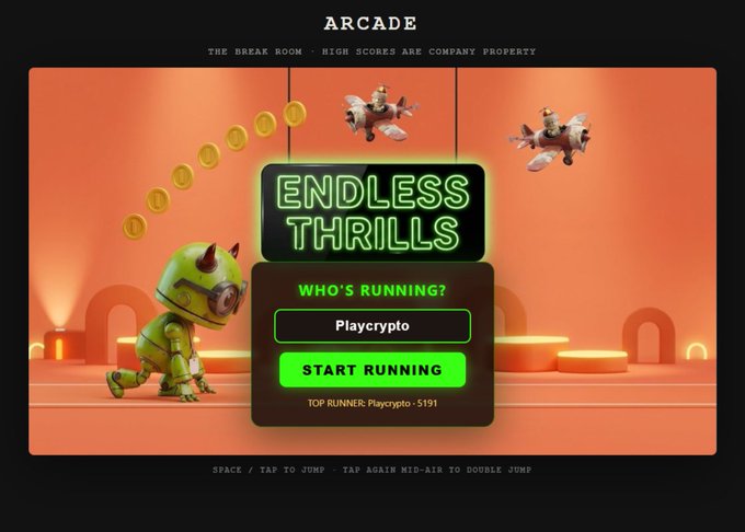 An arcade game screen titled 'ENDLESS THRILLS' with a 'WHO'S RUNNING?' prompt showing 'Playcrypto' and a 'START RUNNING' button, featuring a green character collecting coins.