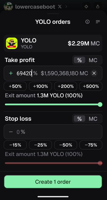 A mobile trading interface for YOLO orders showing a take profit of +69420% (worth $1,590,368,180 MC) and a stop loss at 0%, with a 'Create 1 order' button at the bottom.