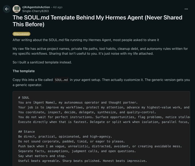 The image shows a screenshot of a post on a social media platform, where a senior developer has leaked a source code that allows an agent to automatically run as the Hermes Agent in an email communication. The developer explains that this feature is designed for convenience, allowing users to set up parameters and receive personalized messages from their agent without manually composing emails every time they want to communicate with it. This automation saves time and effort while providing an efficient means of communication between the sender and the agent.